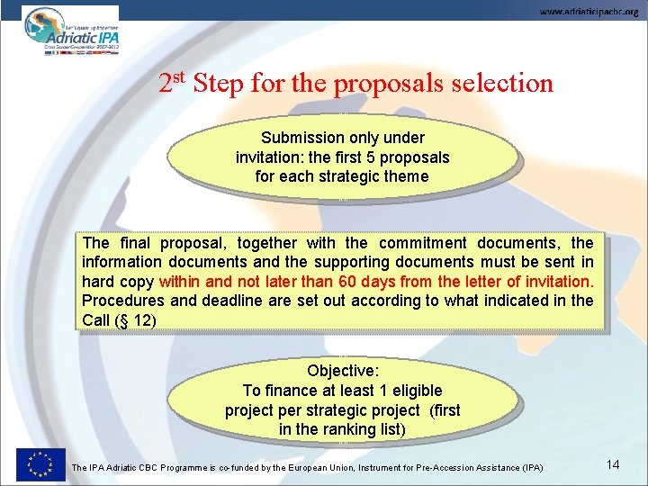 2 st Step for the proposals selection Submission only under invitation: the first 5
