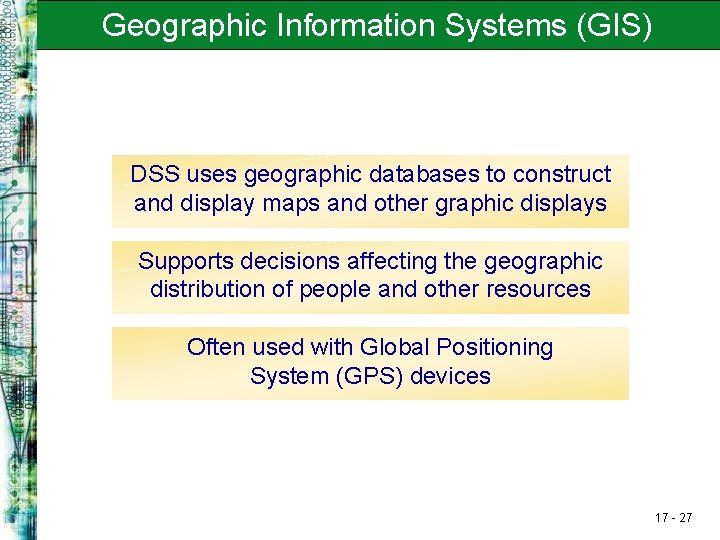 Geographic Information Systems (GIS) DSS uses geographic databases to construct and display maps and