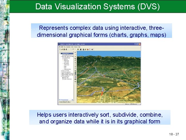 Data Visualization Systems (DVS) Represents complex data using interactive, threedimensional graphical forms (charts, graphs,