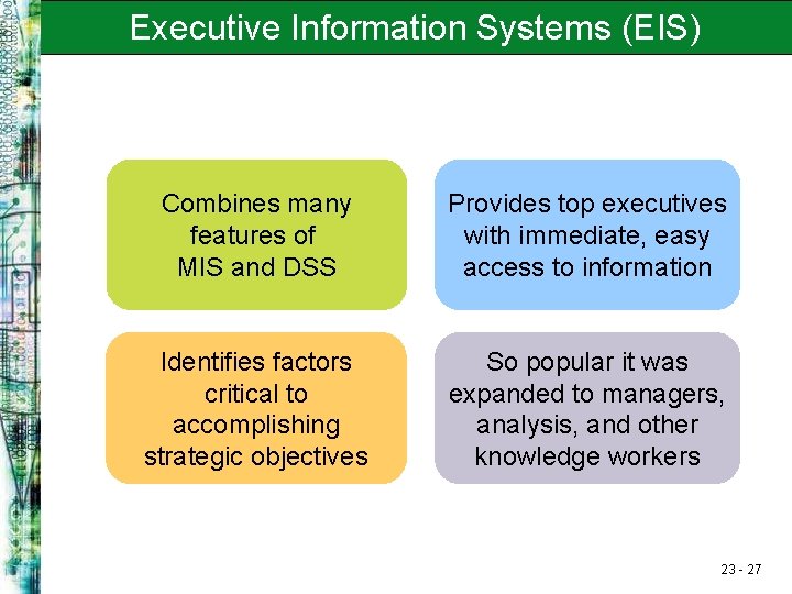 Executive Information Systems (EIS) Combines many features of MIS and DSS Provides top executives