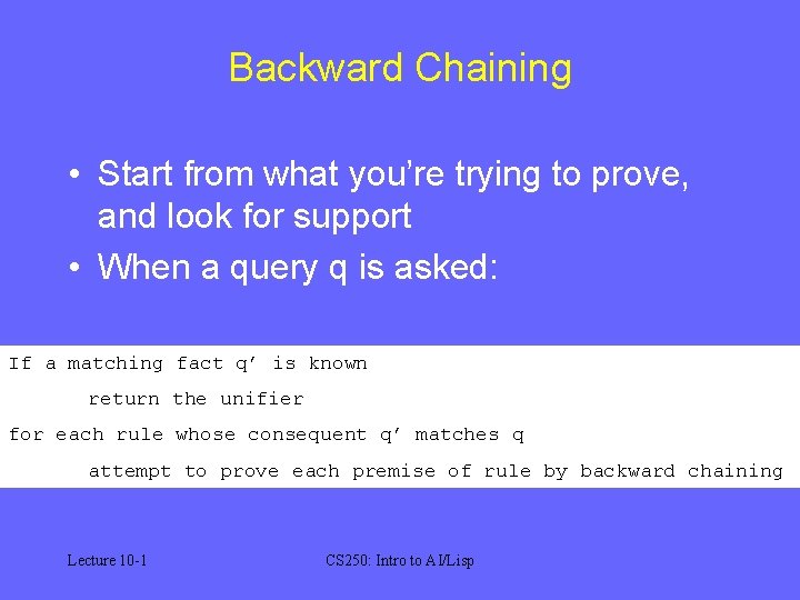 Backward Chaining • Start from what you’re trying to prove, and look for support