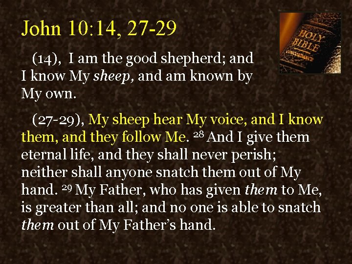 John 10: 14, 27 -29 (14), I am the good shepherd; and I know John 10: 14, 27 -29 (14), I am the good shepherd; and I know