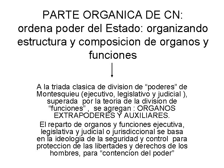 PARTE ORGANICA DE CN: ordena poder del Estado: organizando estructura y composicion de organos