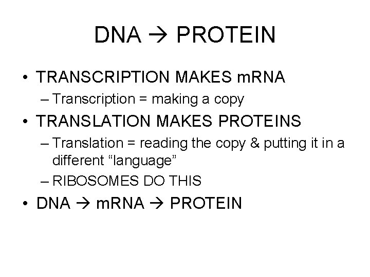 DNA PROTEIN • TRANSCRIPTION MAKES m. RNA – Transcription = making a copy •