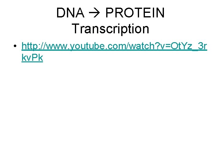 DNA PROTEIN Transcription • http: //www. youtube. com/watch? v=Ot. Yz_3 r kv. Pk 