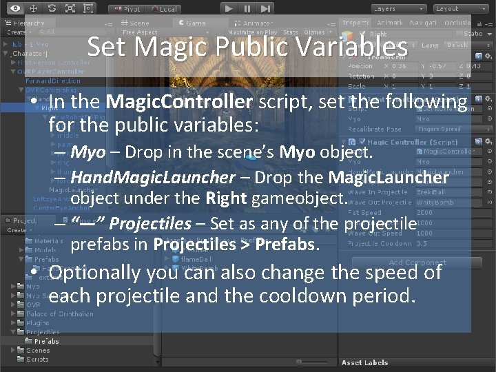 Set Magic Public Variables • In the Magic. Controller script, set the following for
