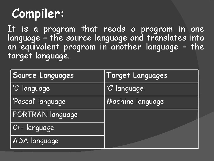 Compiler: It is a program that reads a program in one language – the