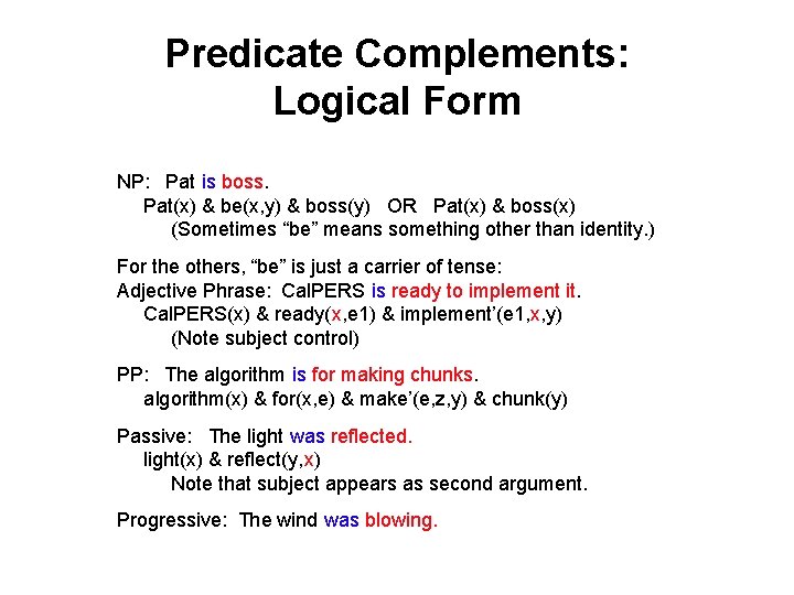 Predicate Complements: Logical Form NP: Pat is boss. Pat(x) & be(x, y) & boss(y)