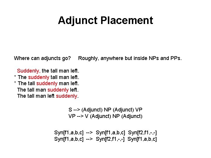 Adjunct Placement Where can adjuncts go? Roughly, anywhere but inside NPs and PPs. Suddenly,