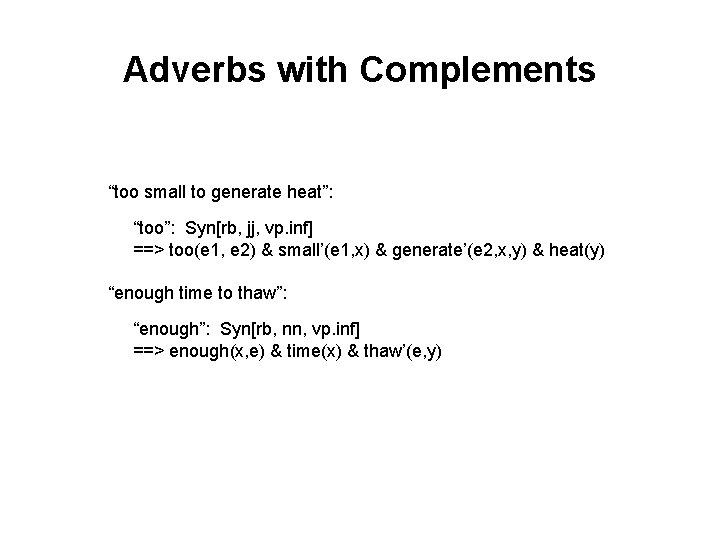 Adverbs with Complements “too small to generate heat”: “too”: Syn[rb, jj, vp. inf] ==>