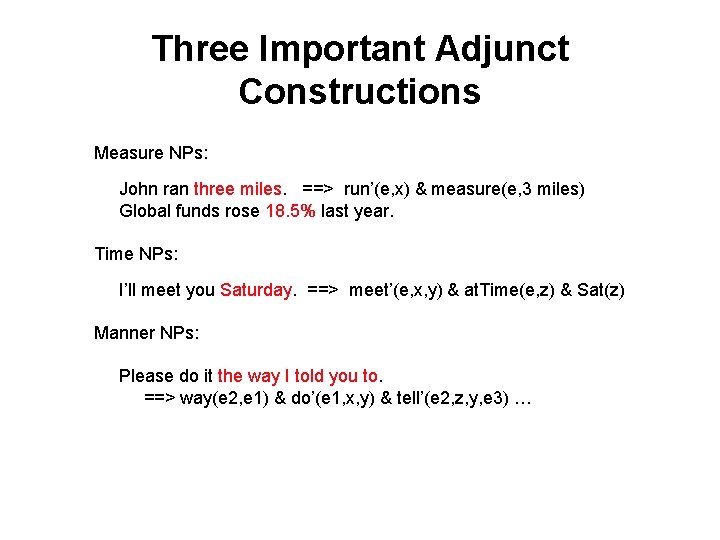Three Important Adjunct Constructions Measure NPs: John ran three miles. ==> run’(e, x) &