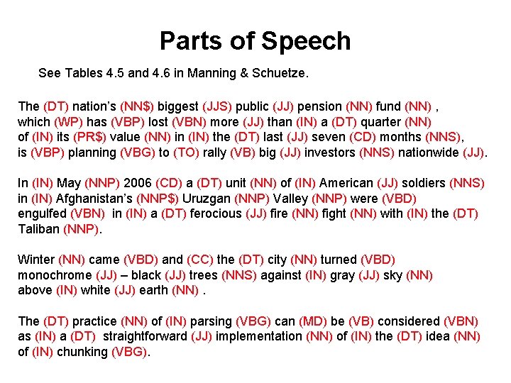 Parts of Speech See Tables 4. 5 and 4. 6 in Manning & Schuetze.