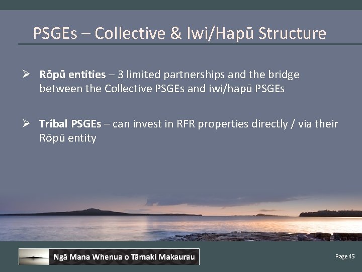 PSGEs – Collective & Iwi/Hapū Structure Ø Rōpū entities – 3 limited partnerships and
