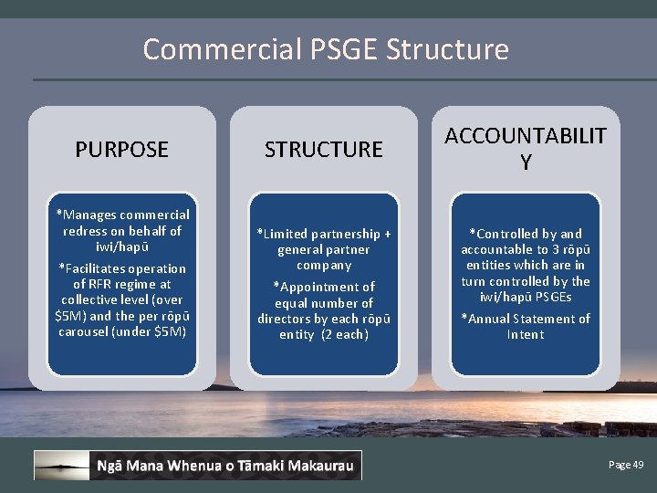 Commercial PSGE Structure PURPOSE *Manages commercial redress on behalf of iwi/hapū *Facilitates operation of