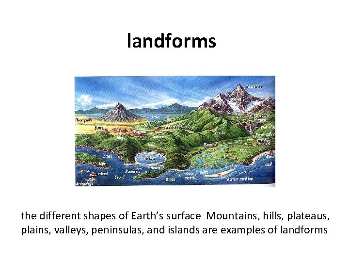 landforms the different shapes of Earth’s surface Mountains, hills, plateaus, plains, valleys, peninsulas, and