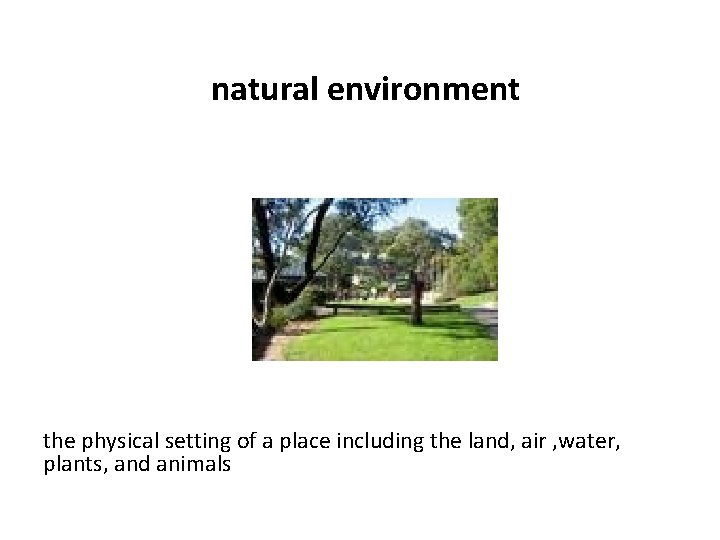 natural environment the physical setting of a place including the land, air , water,