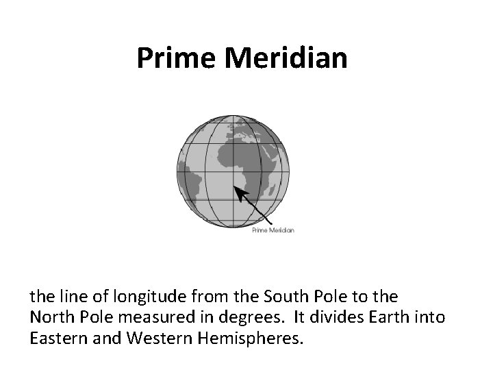 Prime Meridian the line of longitude from the South Pole to the North Pole