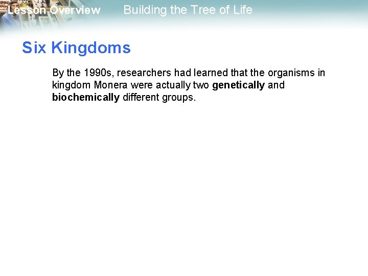 Lesson Overview Building the Tree of Life Six Kingdoms By the 1990 s, researchers