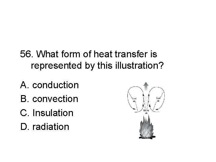 56. What form of heat transfer is represented by this illustration? A. conduction B.