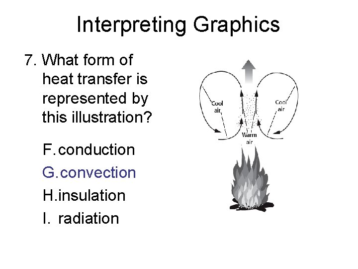 Interpreting Graphics 7. What form of heat transfer is represented by this illustration? F.