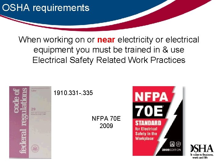 OSHA requirements When working on or near electricity or electrical equipment you must be