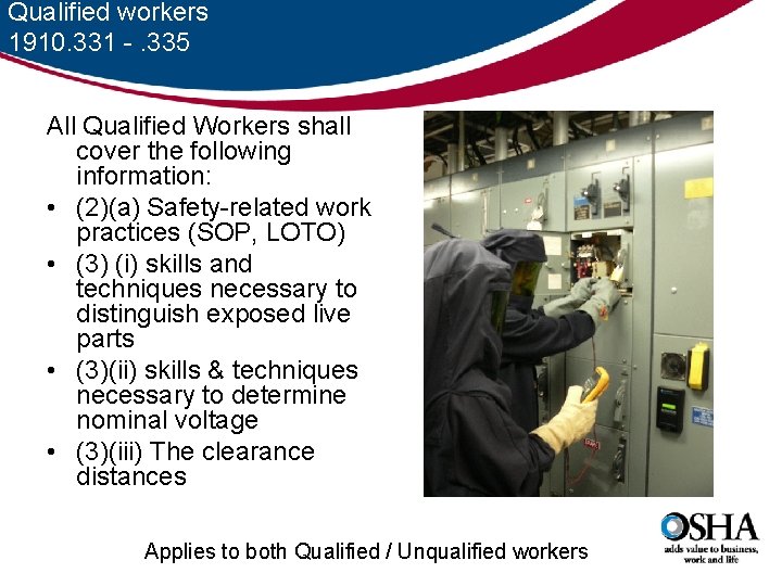 Qualified workers 1910. 331 -. 335 All Qualified Workers shall cover the following information: