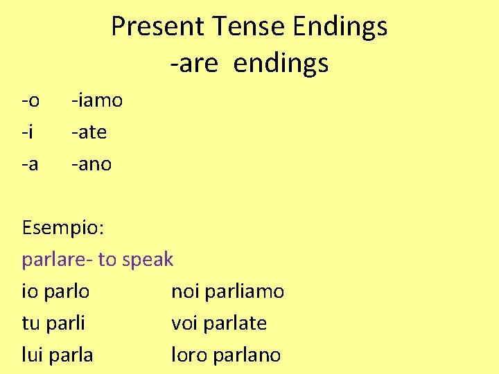 Present Tense Endings -are endings -o -i -a -iamo -ate -ano Esempio: parlare- to