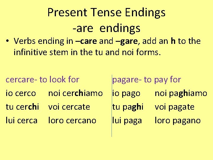 Present Tense Endings -are endings • Verbs ending in –care and –gare, add an