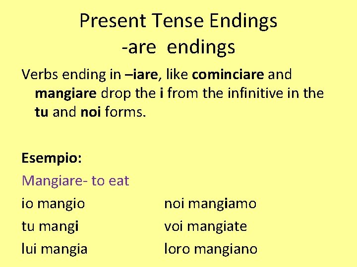 Present Tense Endings -are endings Verbs ending in –iare, like cominciare and mangiare drop