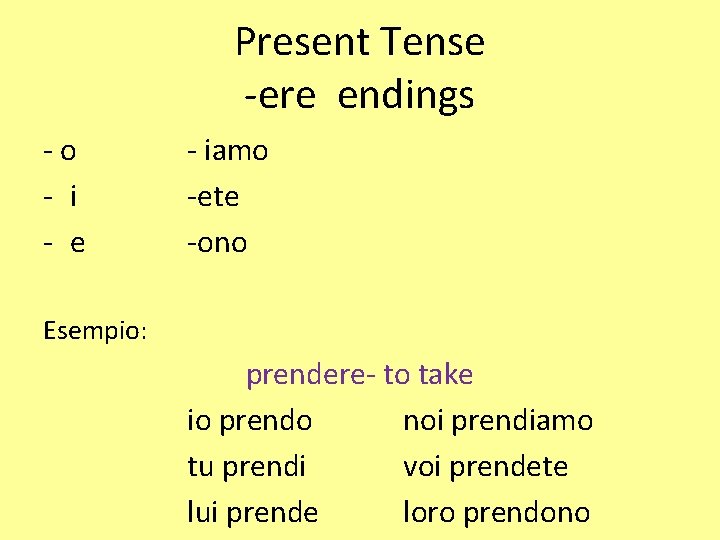 Present Tense -ere endings - o - i - e - iamo -ete -ono