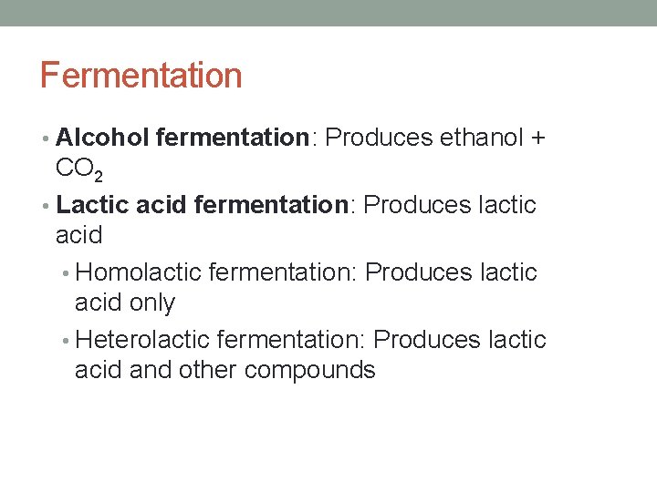 Fermentation • Alcohol fermentation: Produces ethanol + CO 2 • Lactic acid fermentation: Produces