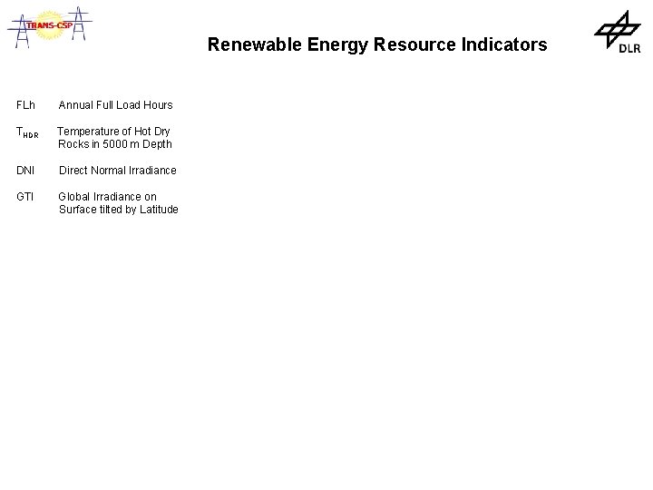 Renewable Energy Resource Indicators FLh Annual Full Load Hours THDR Temperature of Hot Dry