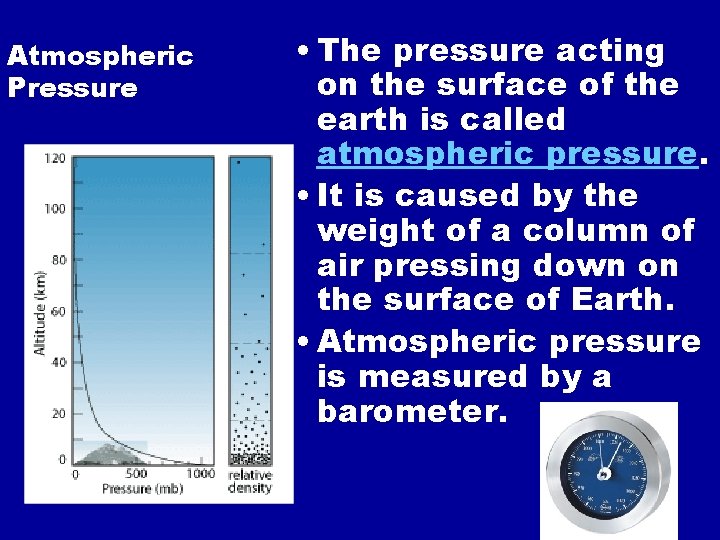 Atmospheric Pressure • The pressure acting on the surface of the earth is called