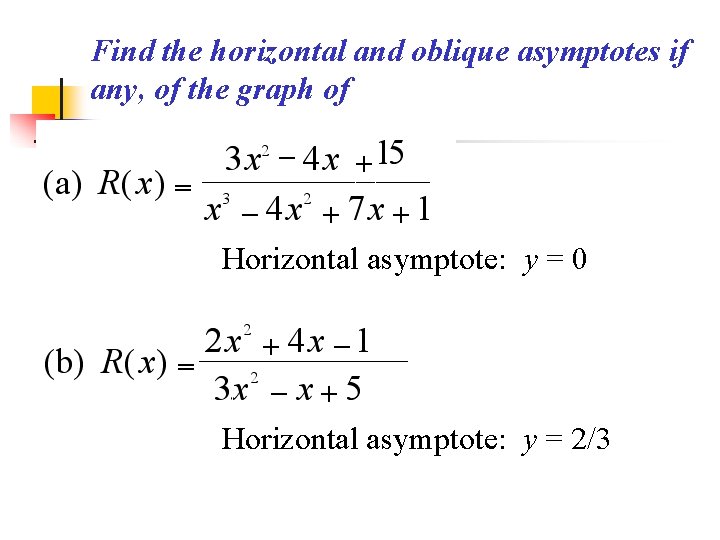 Find the horizontal and oblique asymptotes if any, of the graph of Horizontal asymptote: