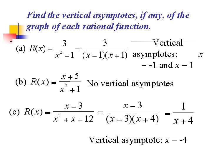 Find the vertical asymptotes, if any, of the graph of each rational function. Vertical