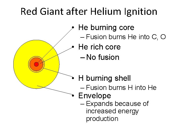 Red Giant after Helium Ignition • He burning core – Fusion burns He into