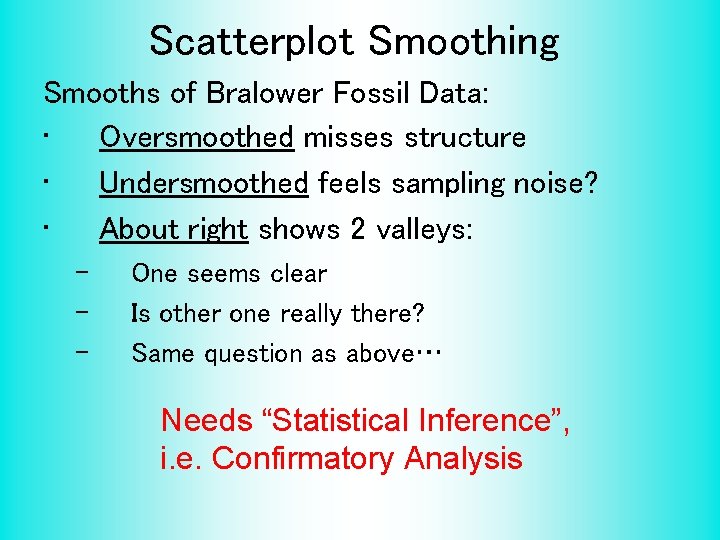 Scatterplot Smoothing Smooths of Bralower Fossil Data: • Oversmoothed misses structure • Undersmoothed feels