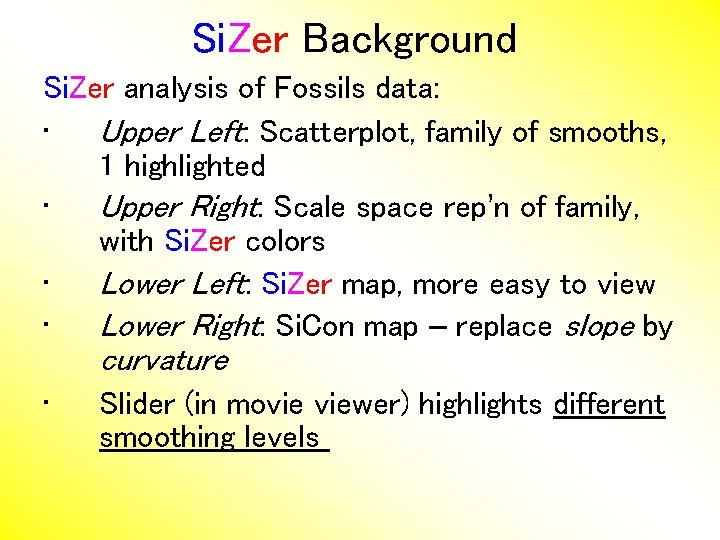 Si. Zer Background Si. Zer analysis of Fossils data: • Upper Left: Scatterplot, family