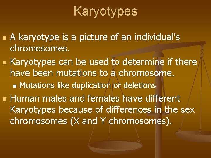 Karyotypes n n A karyotype is a picture of an individual’s chromosomes. Karyotypes can