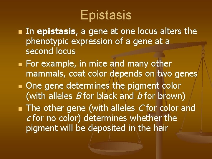 Epistasis n n In epistasis, a gene at one locus alters the phenotypic expression