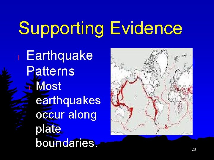 Supporting Evidence l Earthquake Patterns l Most earthquakes occur along plate boundaries. 20 