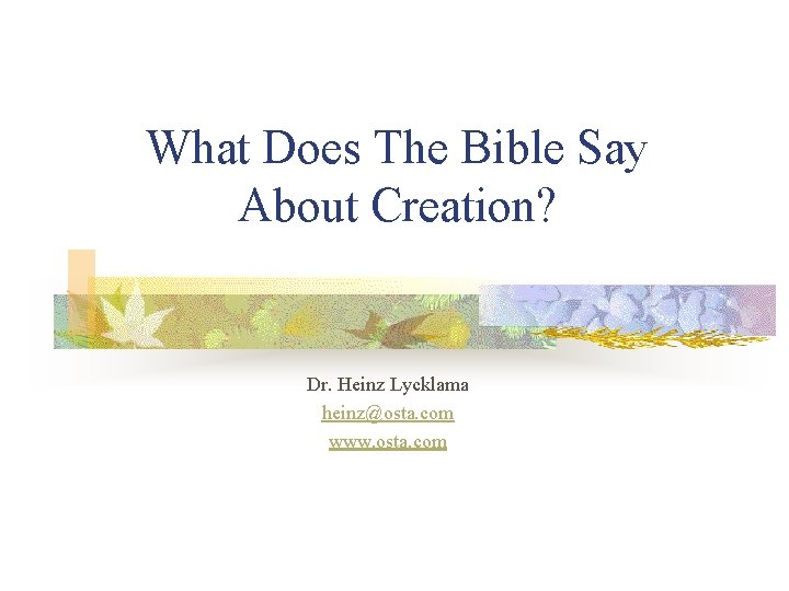 What Does The Bible Say About Creation? Dr. Heinz Lycklama heinz@osta. com www. osta.