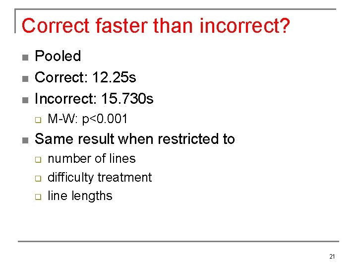 Correct faster than incorrect? n n n Pooled Correct: 12. 25 s Incorrect: 15.