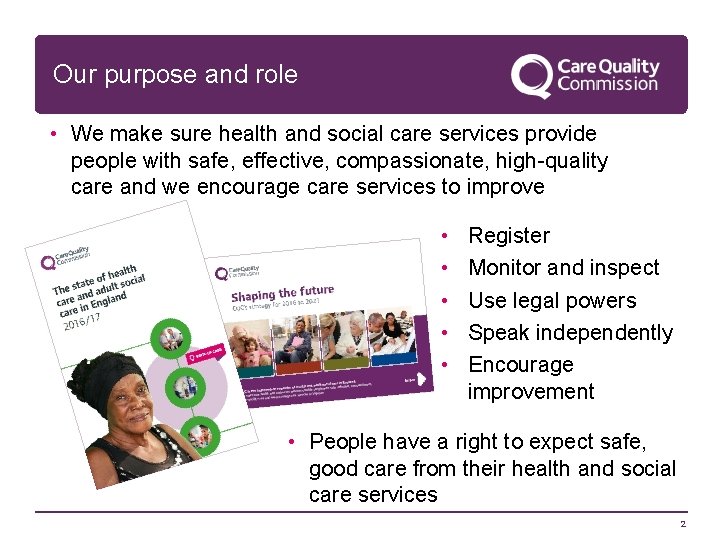 Our purpose and role • We make sure health and social care services provide