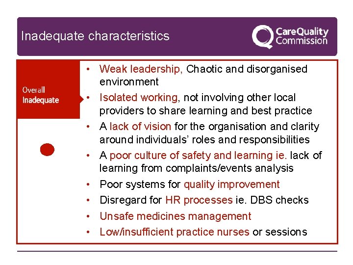 Inadequate characteristics • Weak leadership, Chaotic and disorganised environment • Isolated working, not involving