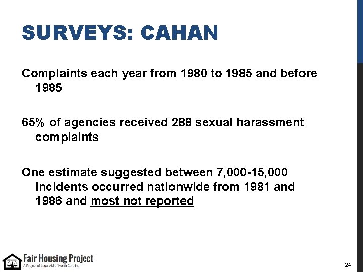 SURVEYS: CAHAN Complaints each year from 1980 to 1985 and before 1985 65% of