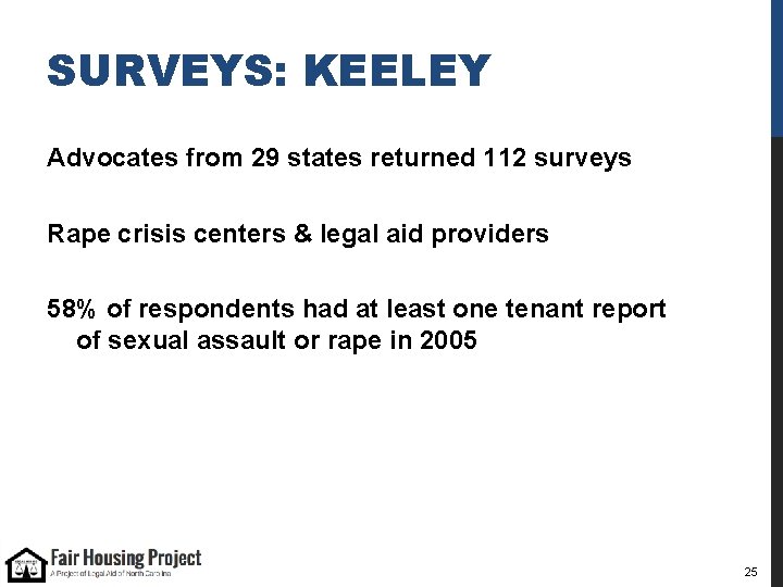 SURVEYS: KEELEY Advocates from 29 states returned 112 surveys Rape crisis centers & legal