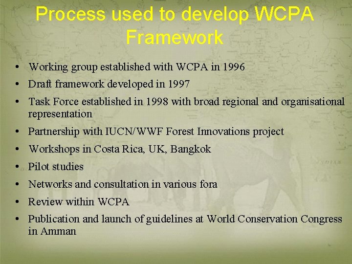 Process used to develop WCPA Framework • Working group established with WCPA in 1996