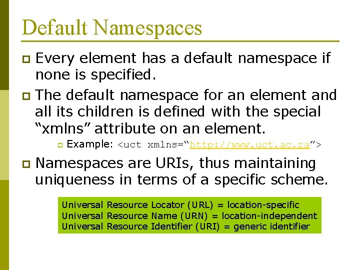 Default Namespaces Every element has a default namespace if none is specified. p The