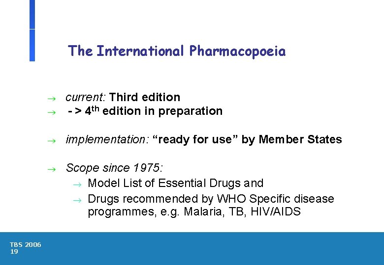 The International Pharmacopoeia ® current: Third edition - > 4 th edition in preparation